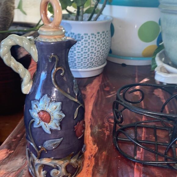 3 Piece Set of Colorful Artisan Oil & Vinegar Ceramic Bottles Black Metal Caddy - Picture 5 of 9